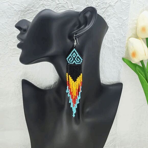 Tribal Boho Style Beaded Tassel Dangle Earrings - Picture 1 of 5